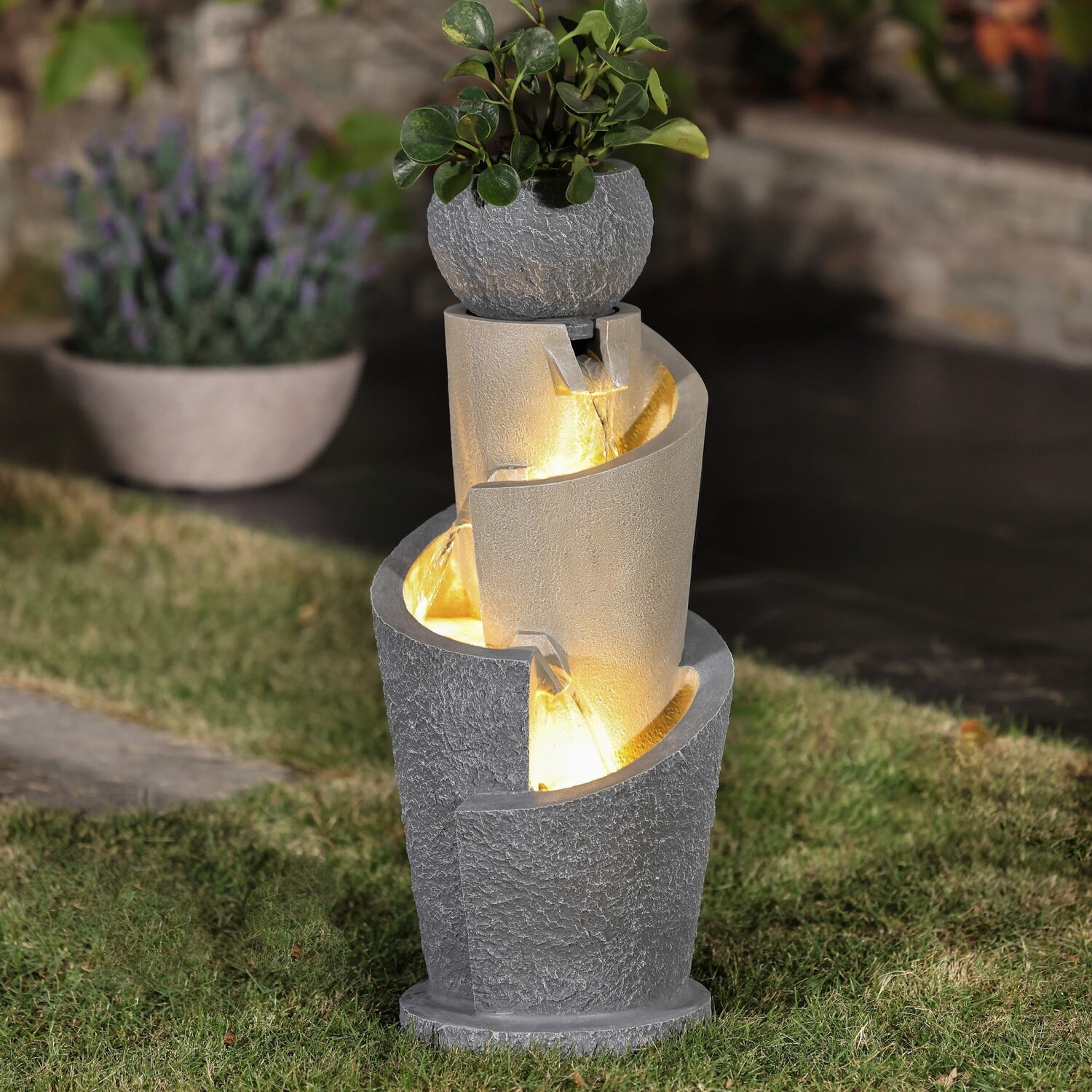 LuxenHome 27 Inch Gray Resin Cascading Spiral Outdoor Water Fountain with Lights