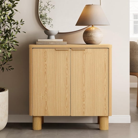 LuxenHome 28" Small Buffet Cabinet with Storage, Japandi Style Oak Compact Accent Cabinets with Rounded Edges for Living Room, Dining Room, or Entryway