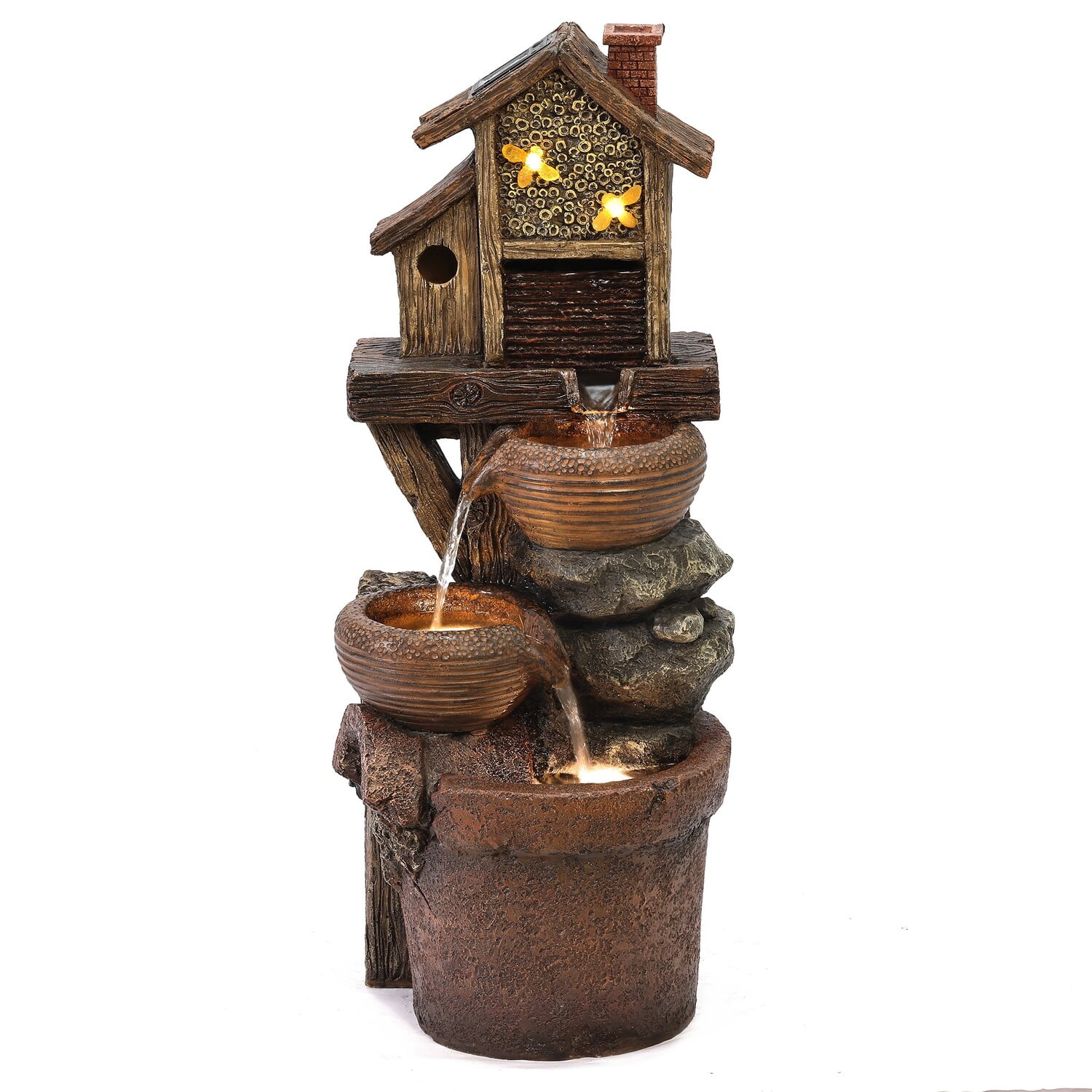 Rustic Brown Resin Birdhouse Outdoor Fountain with LED Lights