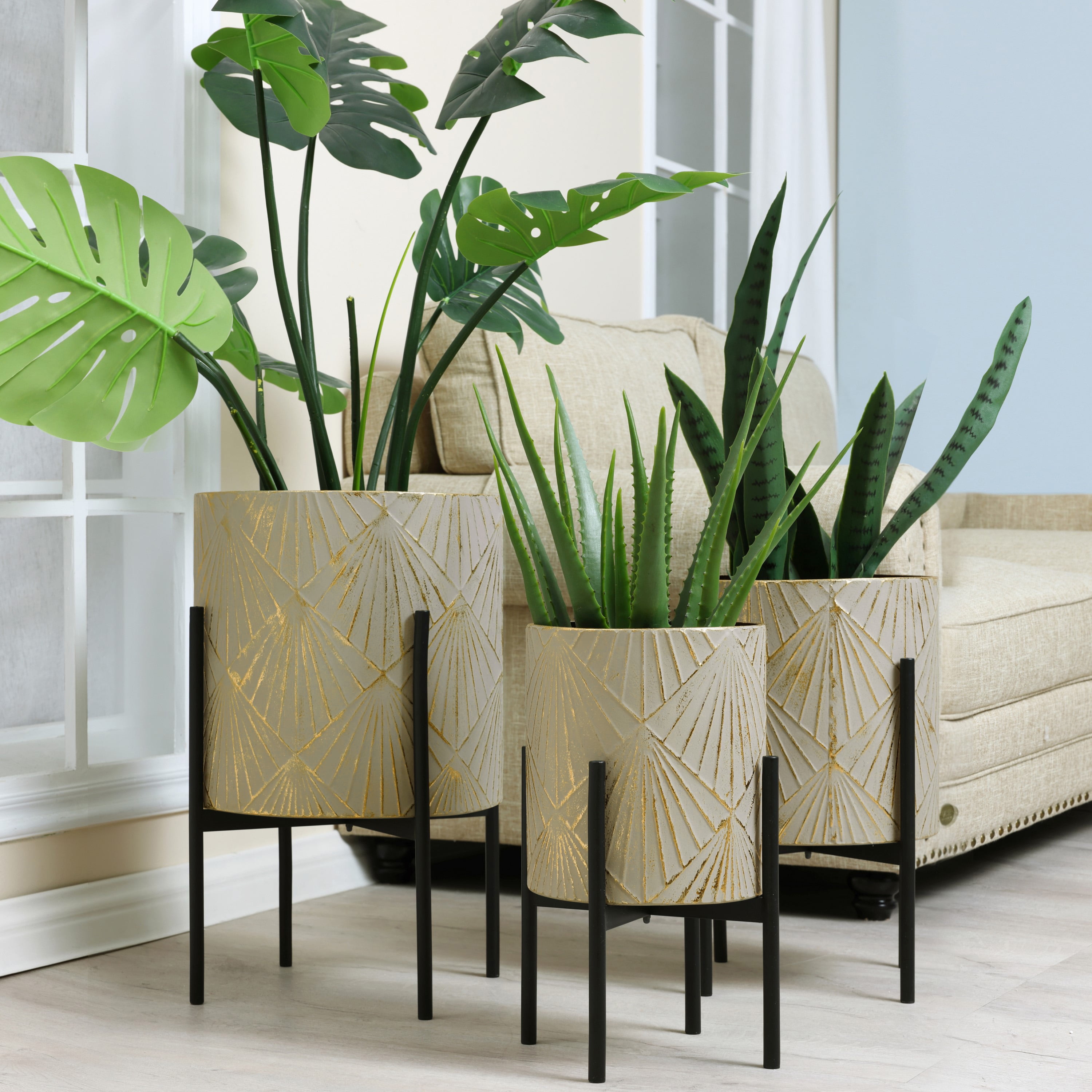 Set of 3 Gray and Gold Metal Cachepot Planters with Black Stands