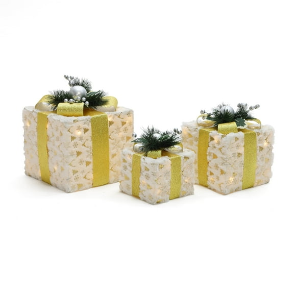 LuxenHome 3-Pc Lighted Snowflake Gift Box Set with Gold Ribbon, White Fabric Outdoor Holiday Decor