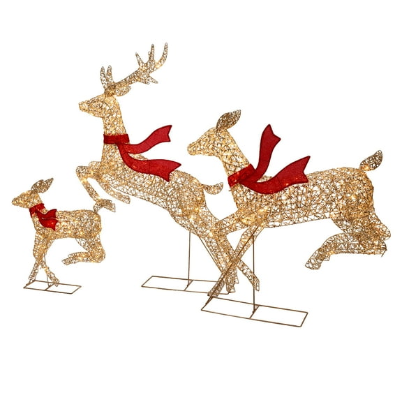 LuxenHome 3-Piece Champagne Gold PET Running Deer Family Outdoor Holiday Decoration with Lights