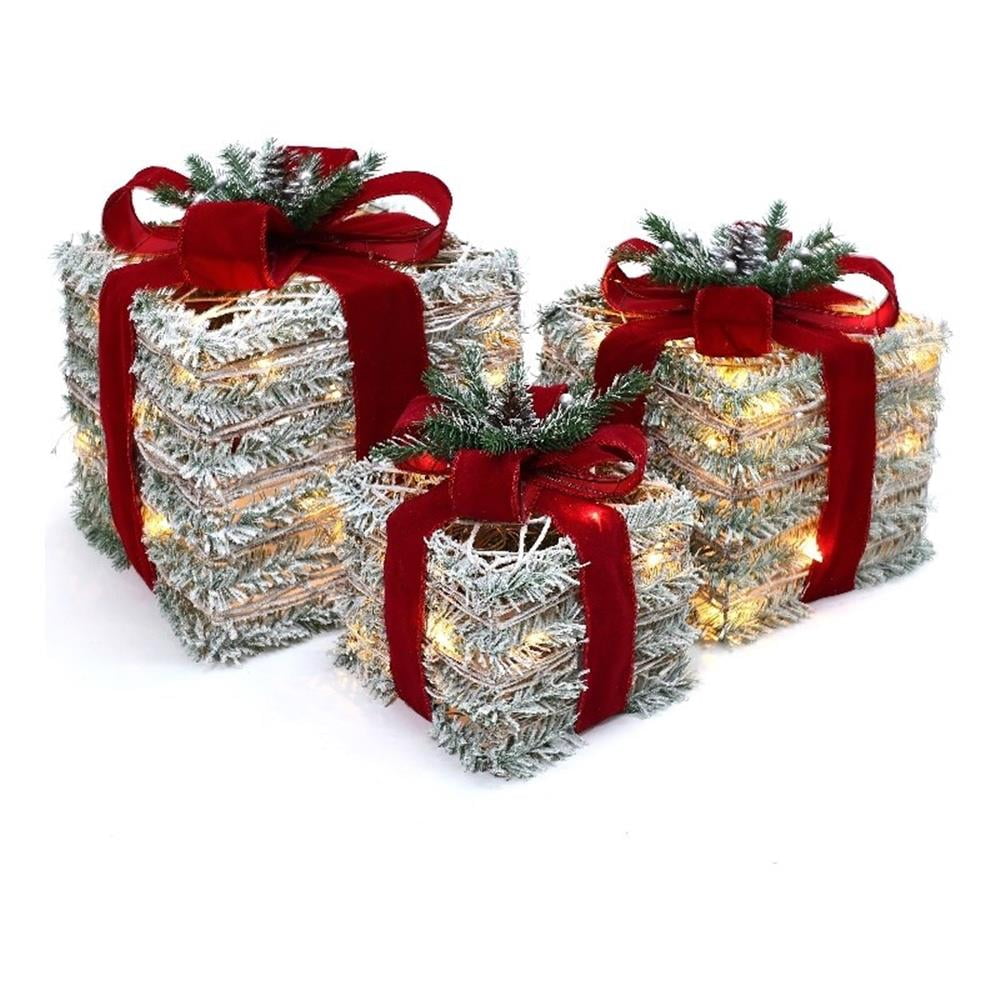 Frosted Faux Cedar Branch Giftbox Set with Lights