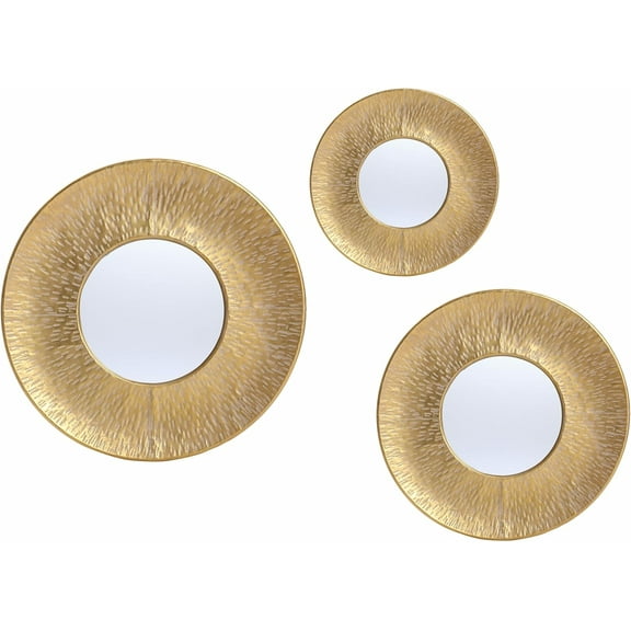 LuxenHome 3 Piece Gold Metal Round Wall Mirror Set Boho Wall Hanging Mounted Mirror,Rattan Mirror Suitable for Farmhouse, Living Room, Bedroom and Bathroom