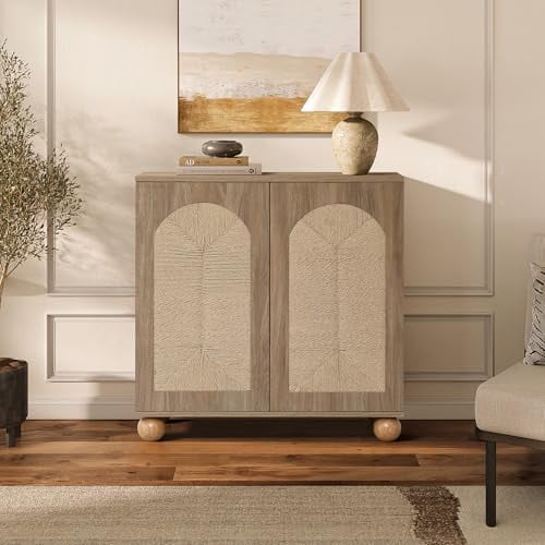 LuxenHome 31.5" Sideboard Buffet Cabinet with Storage, Seagrass Boho Accent Cabinets with Pine Round Ball Legs, Japandi Modern Coffee Bar Cabinet for Kitchen, Living Room, Entryway