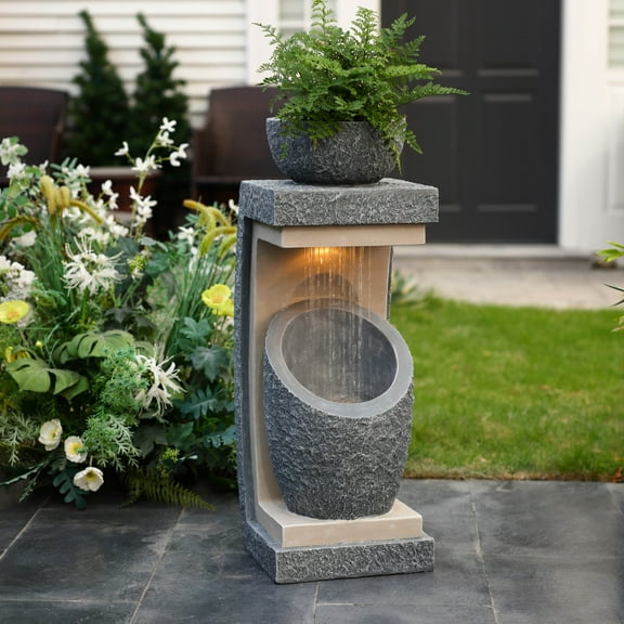 LuxenHome 32" Resin Cascading Water Fountains Outdoor and Indoor with LED Lights, Modern Water Features Garden Decor