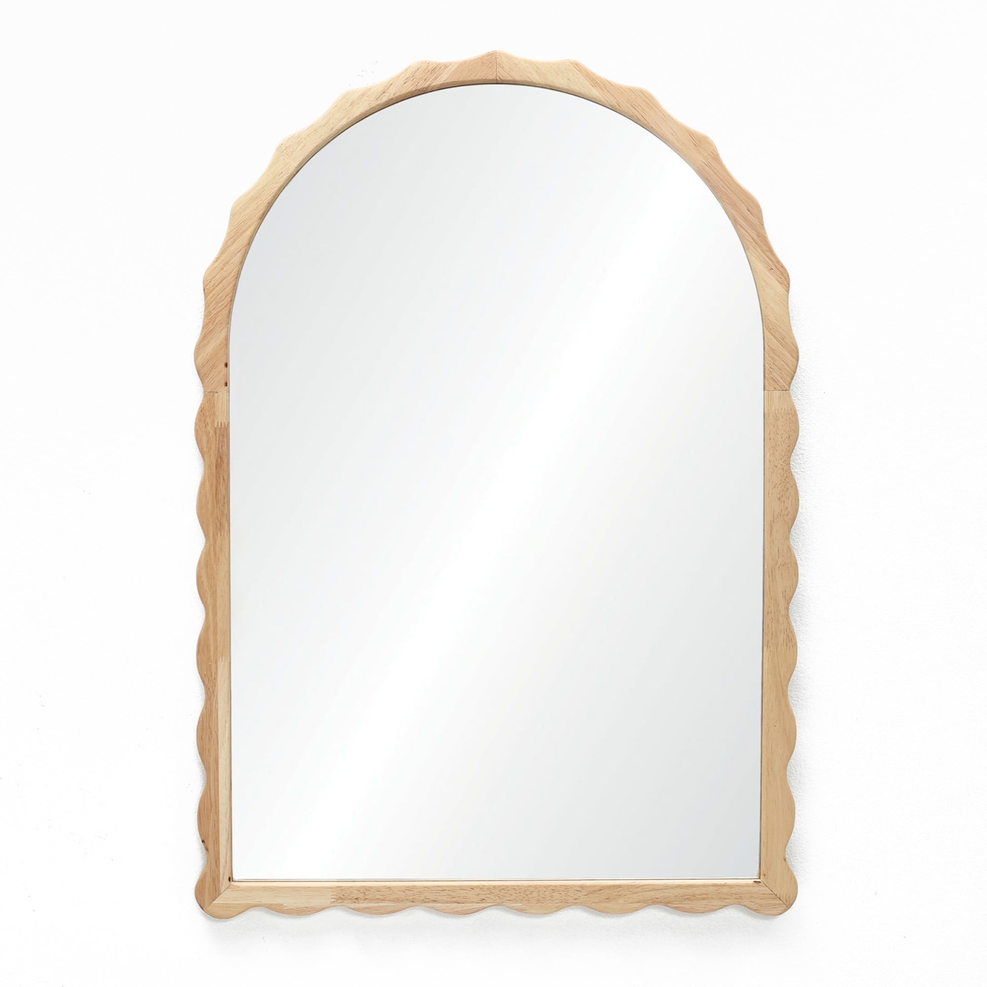 34-Inch Tall Arch Natural Rubberwood Scalloped Frame Wall Mirror