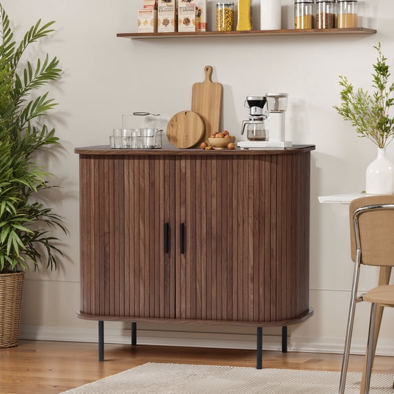 LuxenHome Sideboard Buffet Cabinet with Storage, 35" Walnut Mid Century Modern Accent Cabinet, Sliding Door Entryway Small Storage Cabinets for Kitchen, Living Room, Entryway