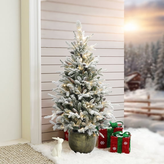 4.5Ft Pre-Lit LED Artificial Flocked Pine Tree with Pine Cones and Pot