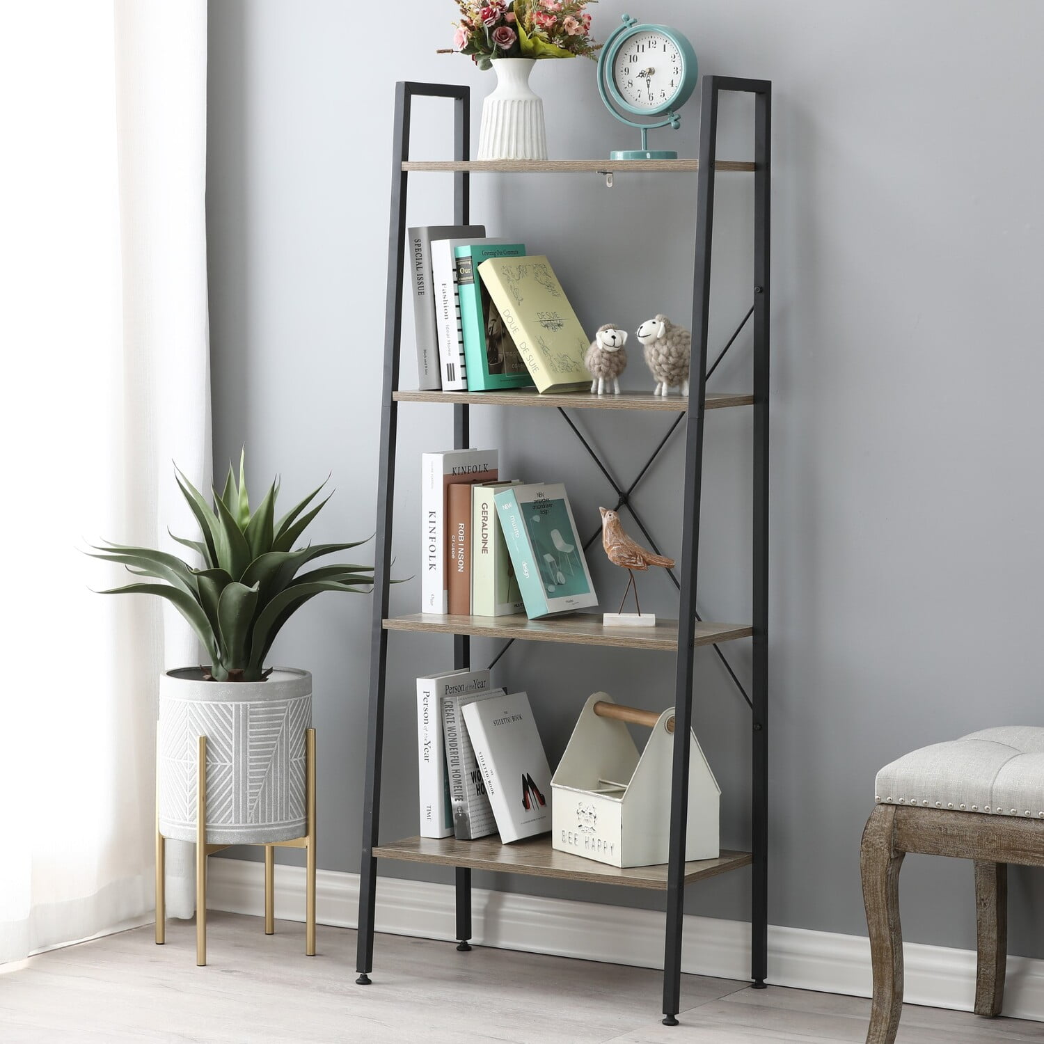 Black Metal and Wood 4-Shelf Ladder Bookcase