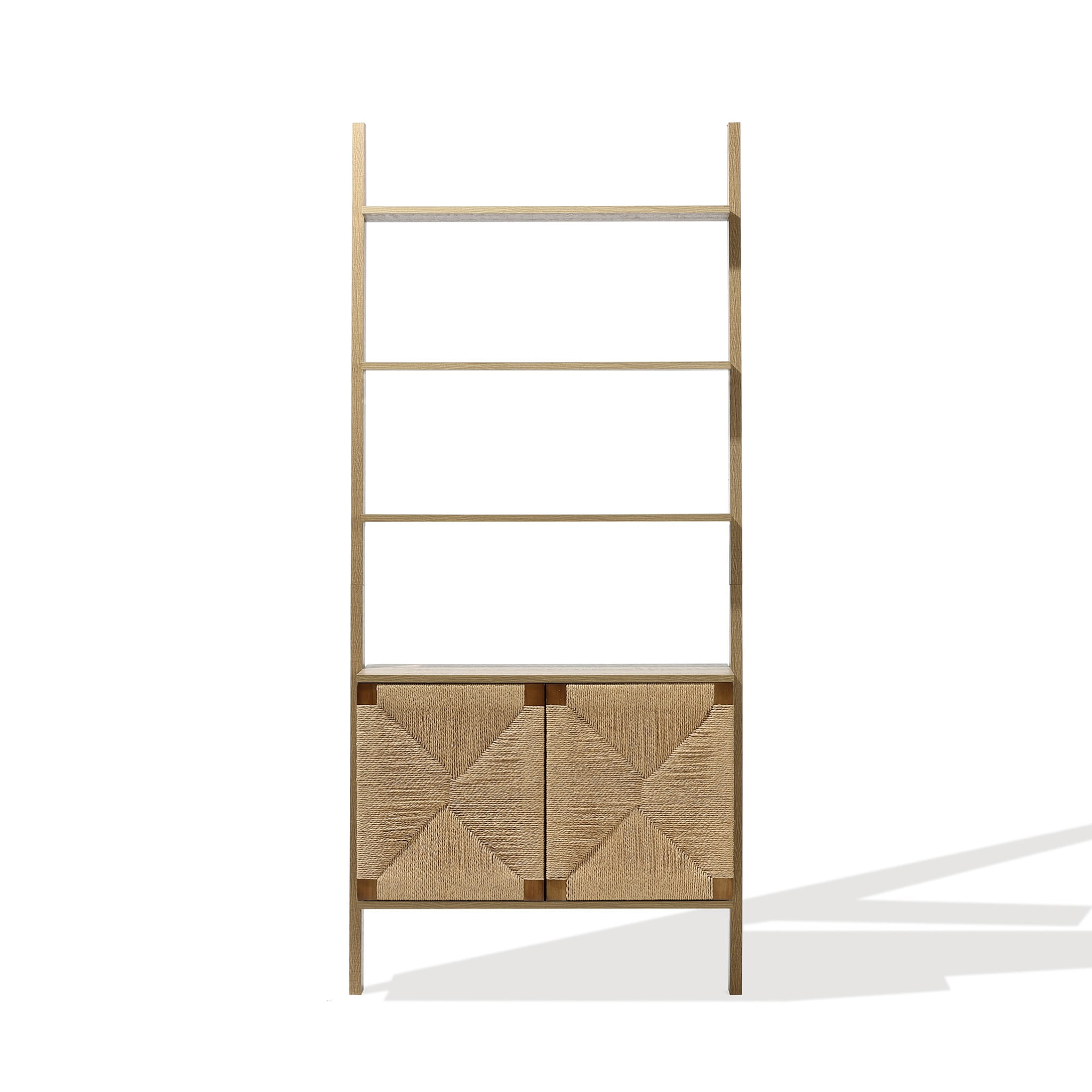 Brown Pine Wood Ladder Bookcase with Woven Rope Doors