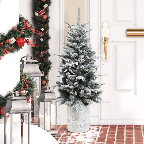 LuxenHome 4Ft Pre-Lit Snow-Flocked Potted Artificial Christmas Tree