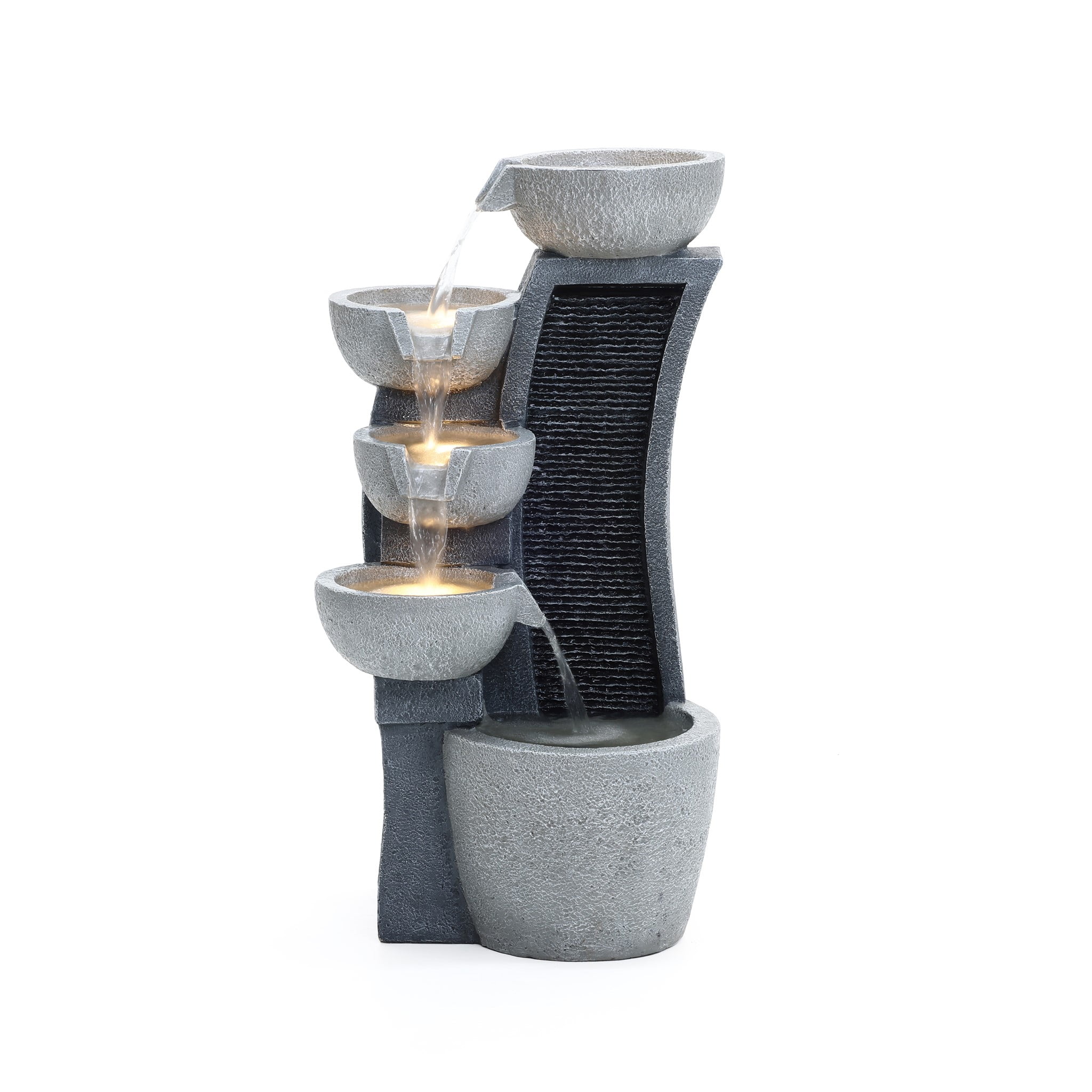 LuxenHome 26" Gray Resin 5-Bowl Outdoor Fountain with Lights