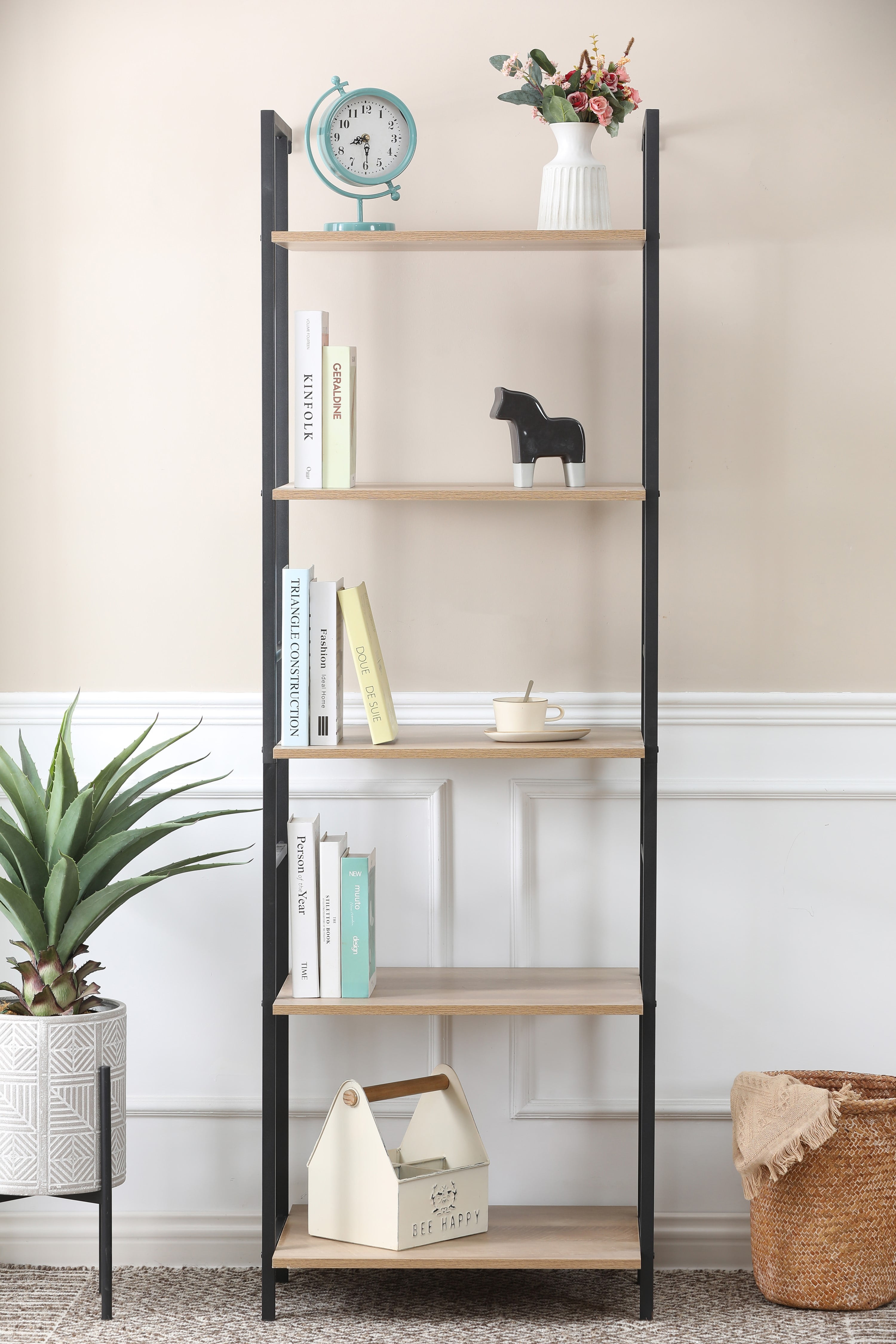 Light Oak and Black 5-Shelf Industrial Etagere Bookcase