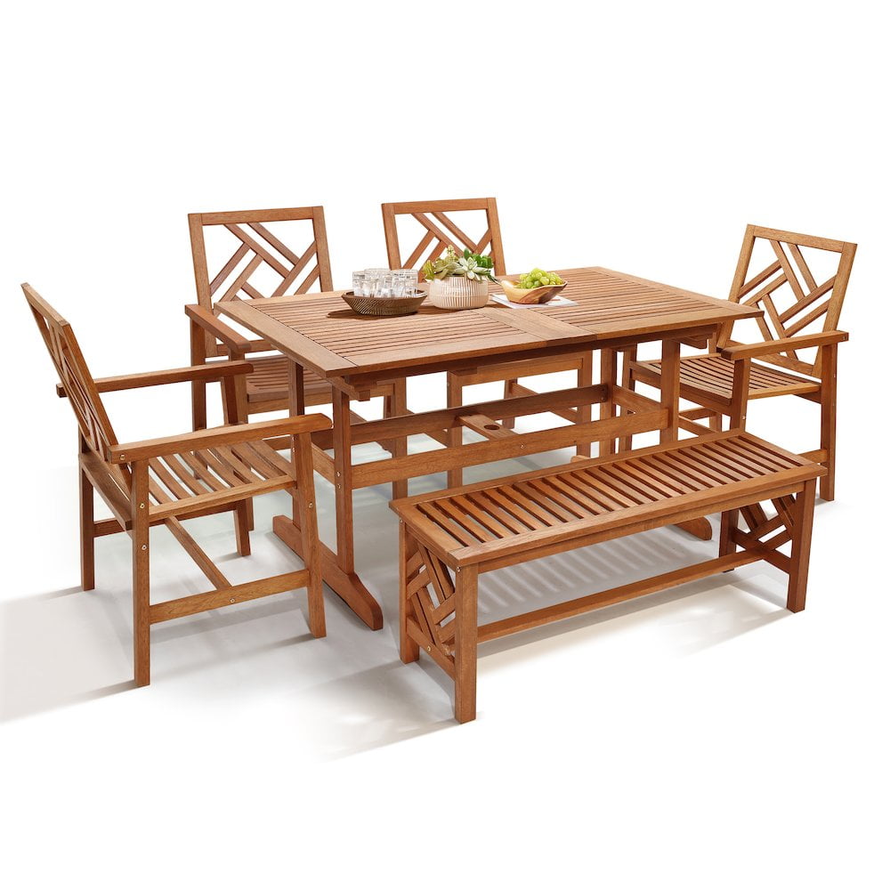 LuxenHome 6-Piece Carmel Outdoor Solid Wood Dining Set