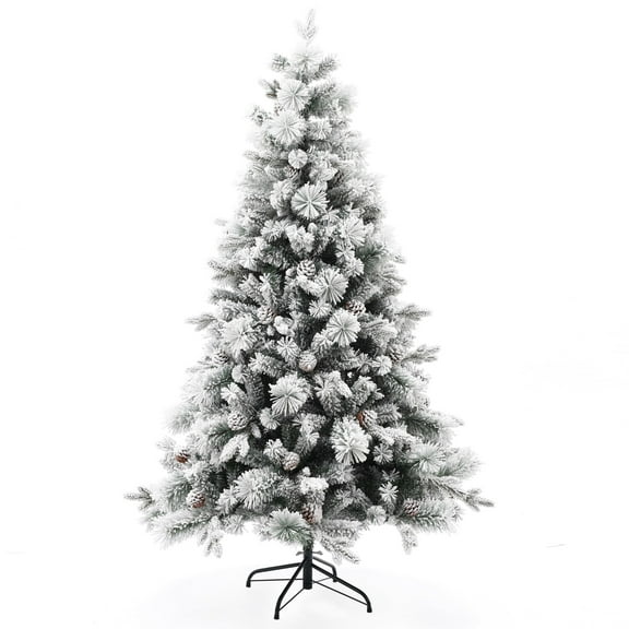 LuxenHome 6Ft Artificial Flocked Full Pine Christmas Tree with Pine Cones