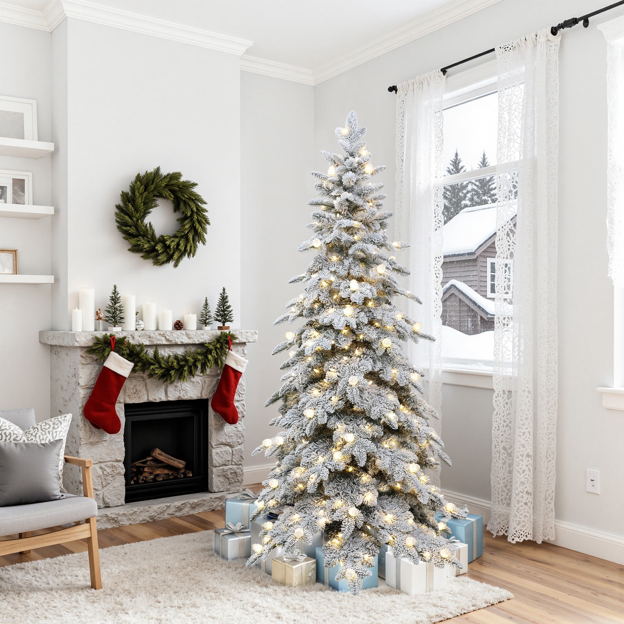 LuxenHome 6Ft Flocked Artificial Christmas Tree with Adjustable Lights ...