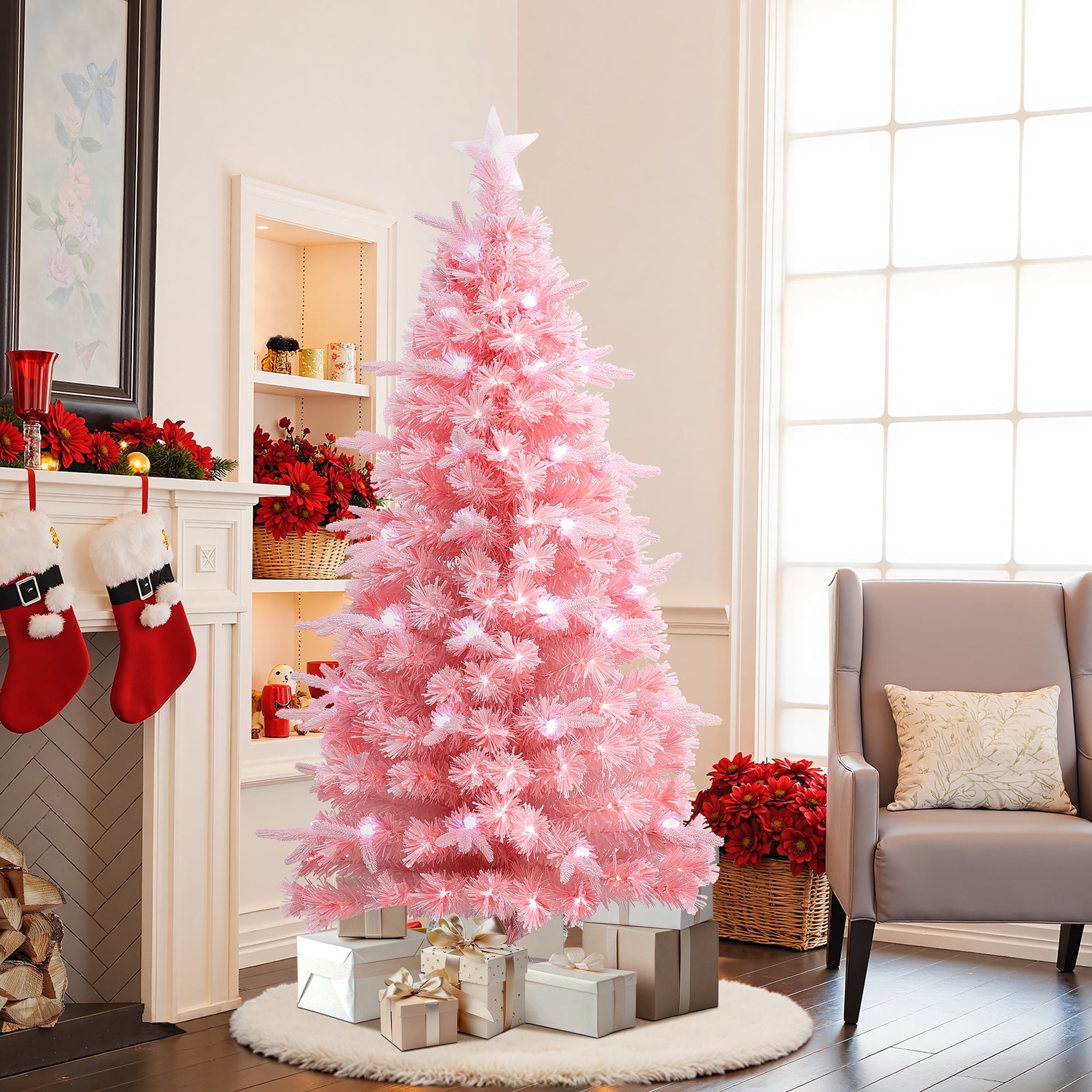 LuxenHome 6Ft Pink Cherry Blossom Christmas Tree with Fiber Optic