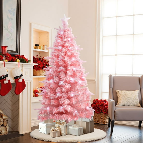 LuxenHome 6Ft Pink Cherry Blossom Christmas Tree with Fiber Optic Lights & Pinecone Star Topper