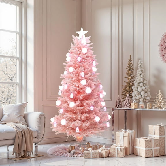 LuxenHome 6Ft Pink Cherry Blossom Christmas Tree with Fiber Optic Lights & Snowman Star Topper