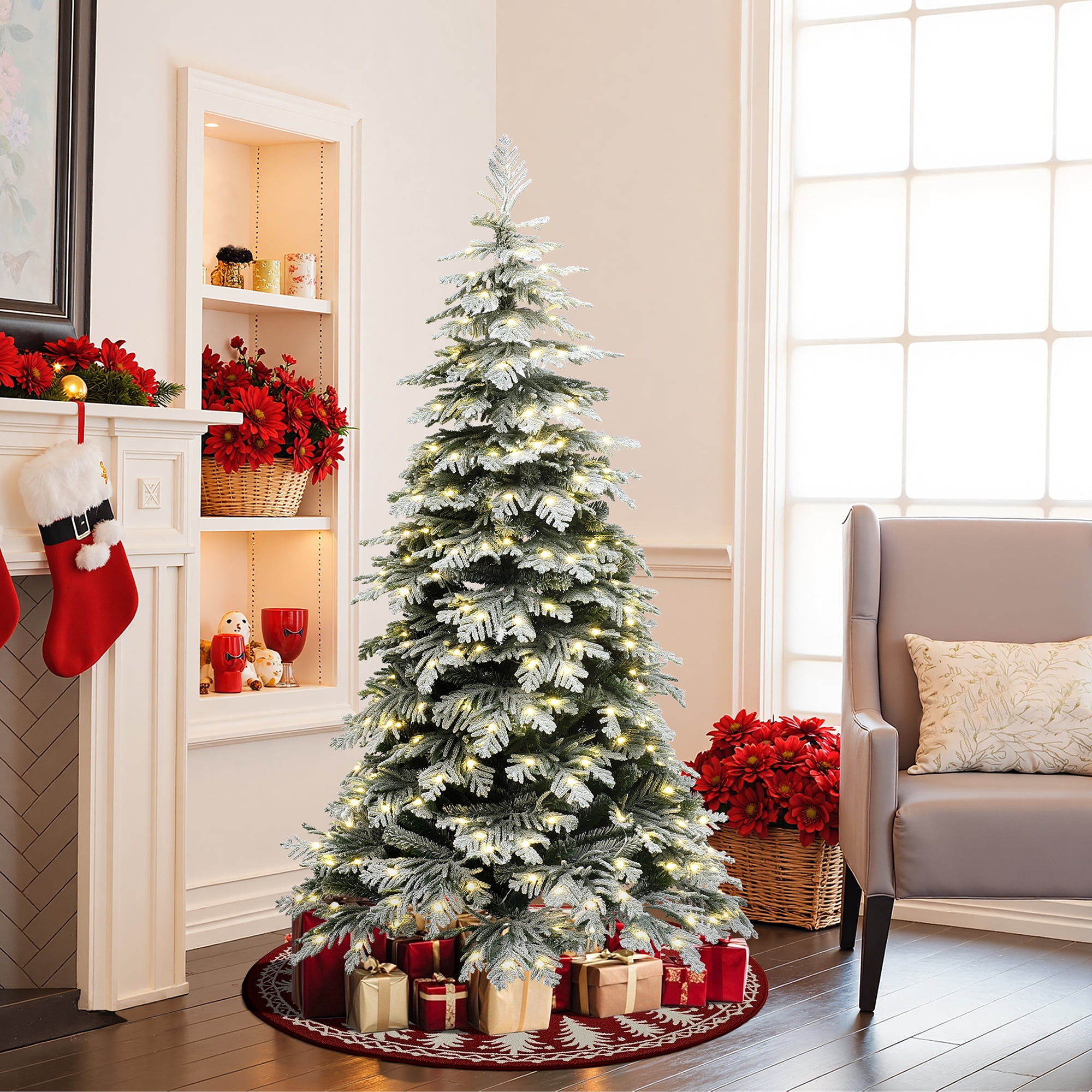 LuxenHome 6Ft Pre-Lit Flocked Artificial Spruce Christmas Tree with ...
