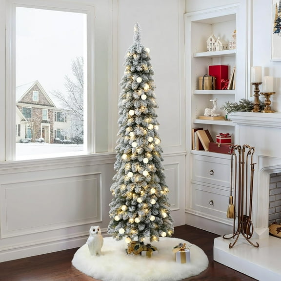 LuxenHome 6Ft Pre-Lit Flocked Pencil Artificial Christmas Tree