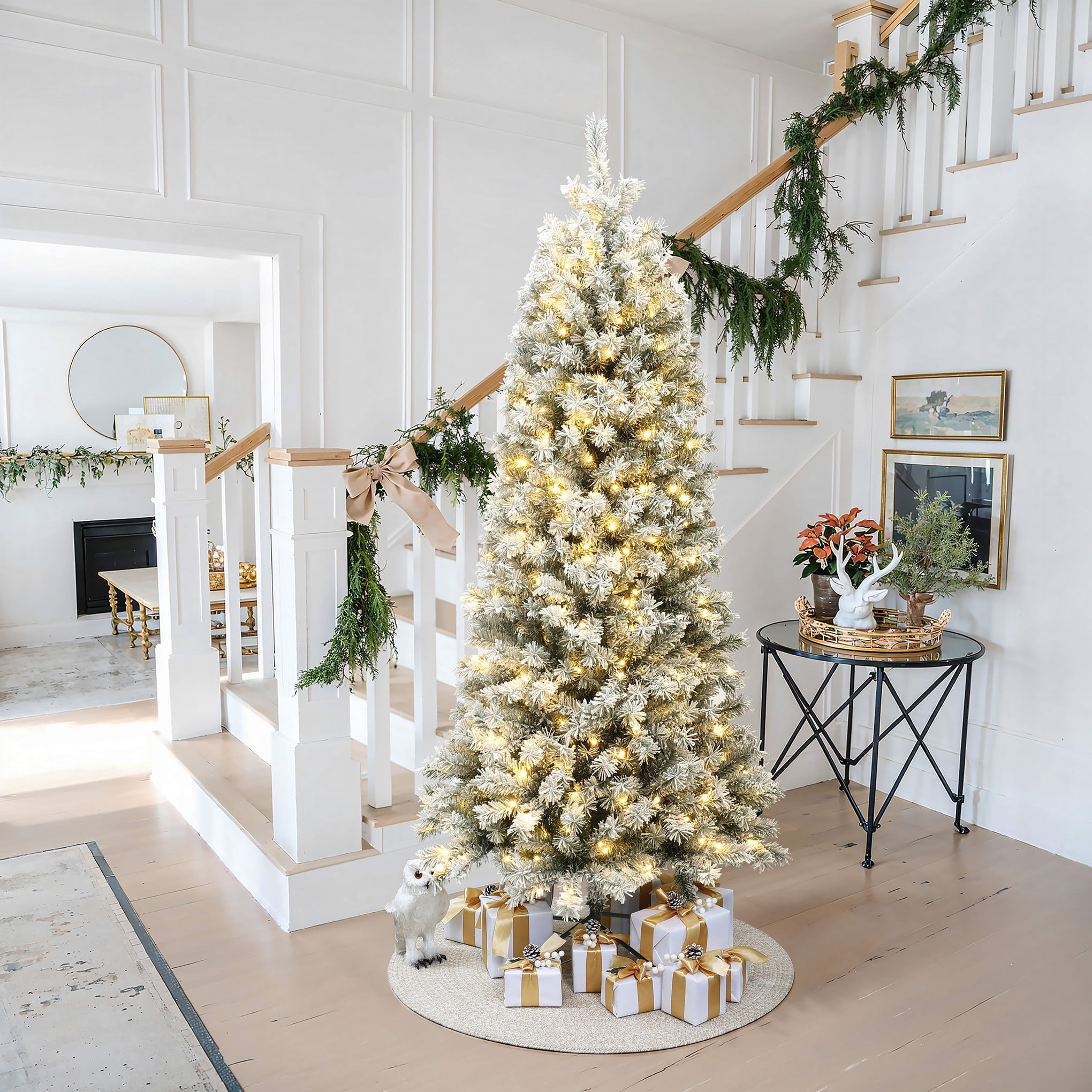LuxenHome 7 Ft Snow Flocked Full Artificial Christmas Tree with Lights, Prelit Christmas Tree with Metal Stand