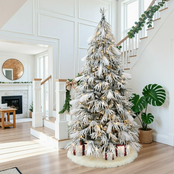 LuxenHome 7.5FtPre-Lit Flocked Sweeping Branches Artificial Christmas Tree with Metal Stand