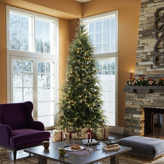 LuxenHome 7.5Ft Pre-Lit Green and Flocked Slim Artificial Christmas Tree with Metal Stand