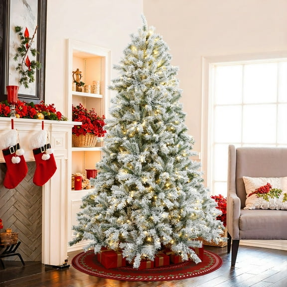LuxenHome 7.5Ft Pre-Lit Snow Flocked Full Fir Artificial Christmas Tree