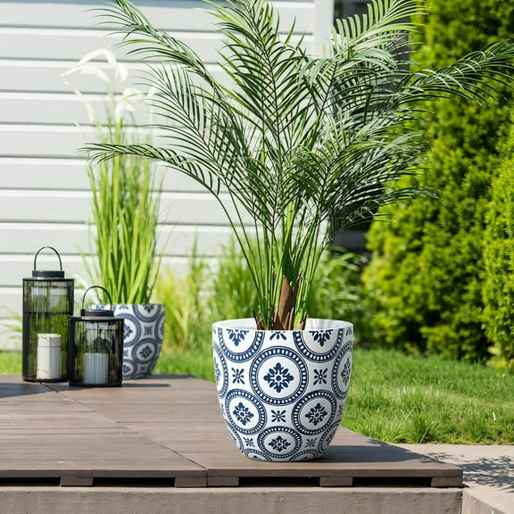 LuxenHome 9.5" Dia Round Planters, Large Outdoor Indoor Decorative Plant Pot with Drainage Hole and Rubber Plug, Blue and White Flower Pattern Garden Pot, Concrete Planter Pot for Home Garden Patio