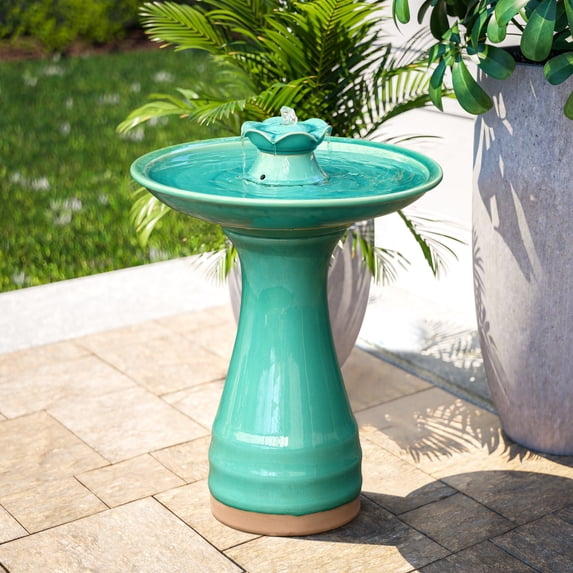 LuxenHome Aqua Glazed Ceramic 22 In Tall Outdoor Bird Bath Fountain For luxenhome-aqua-glazed-ceramic-22-in-tall-outdoor-bird-bath-fountain-for