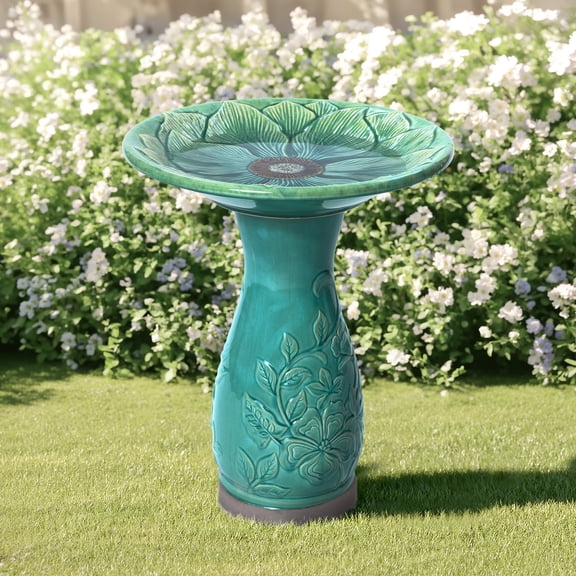 LuxenHome 23 Inch Ceramic Bird Bath for Outside, Elegant Tall Outdoor BirdBath with Floral Embossed Design