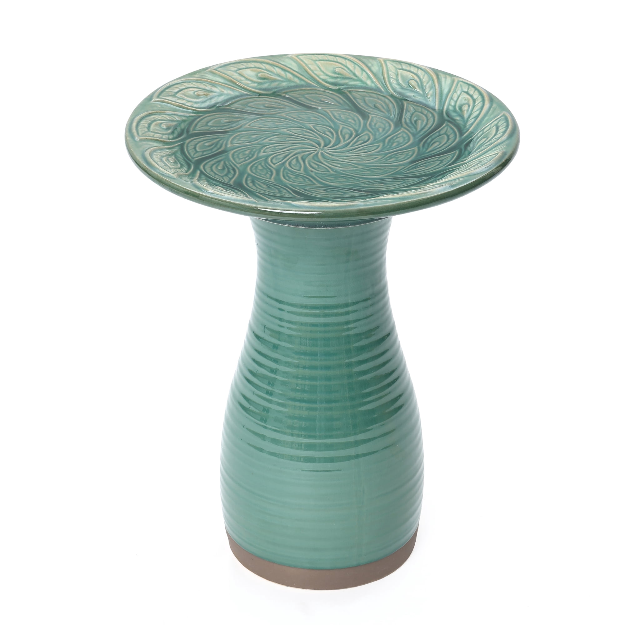 LuxenHome 20.5" Elegant Ceramic Bird Bath for Outside with Leaf Pattern, Jade Green