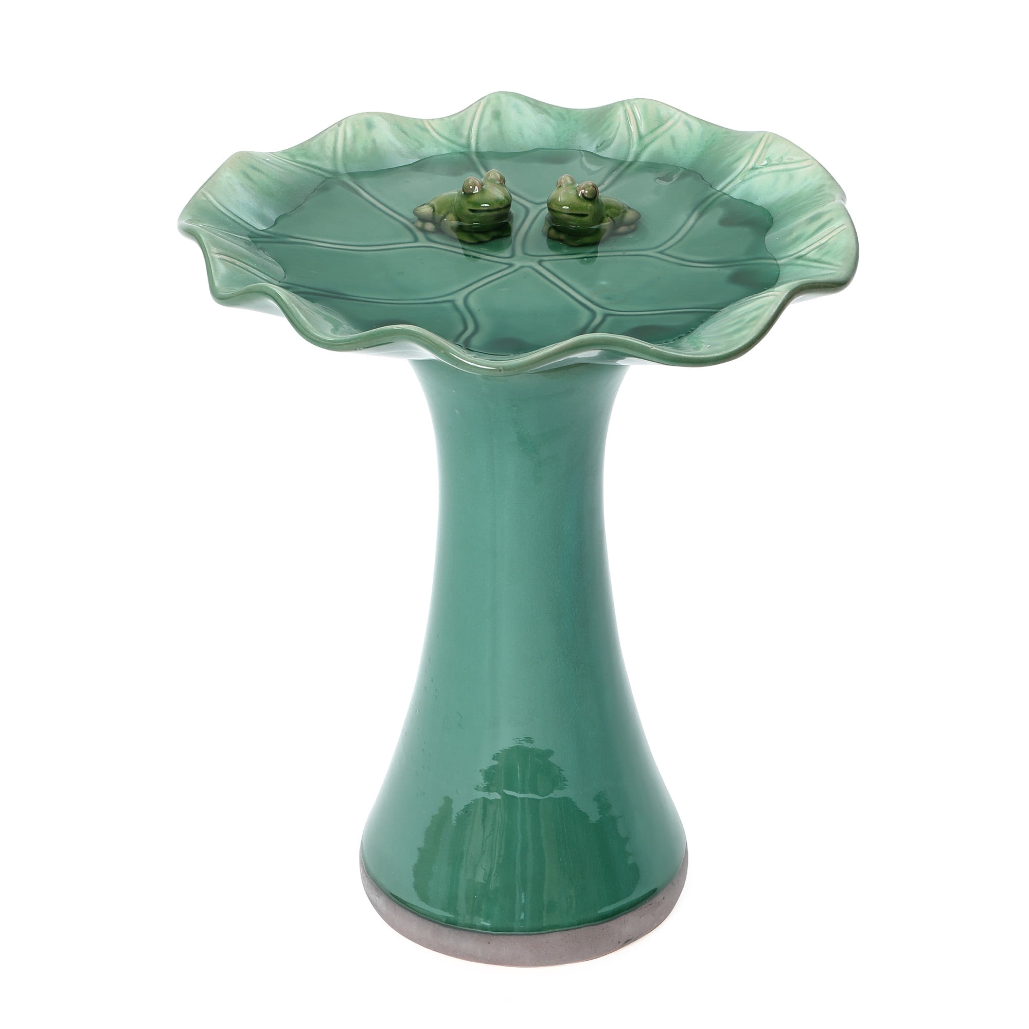 LuxenHome 20" Elegant Ceramic Bird Bath for Outside with Leaf Shaped Basin and Decorative Frogs, Green