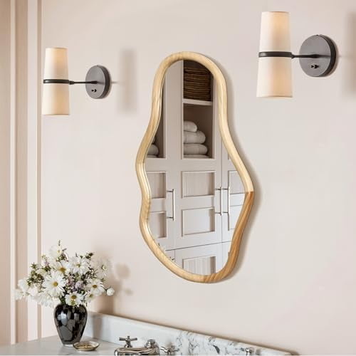 LuxenHome Asymmetrical Natural Wall Mirror for Bathroom, Large Irregular Oval Modern Decorative Vanity Mirror with Solid Wood Frame, Wall Mounted Hanging Sculptures for Living Room Bedroom Entryway