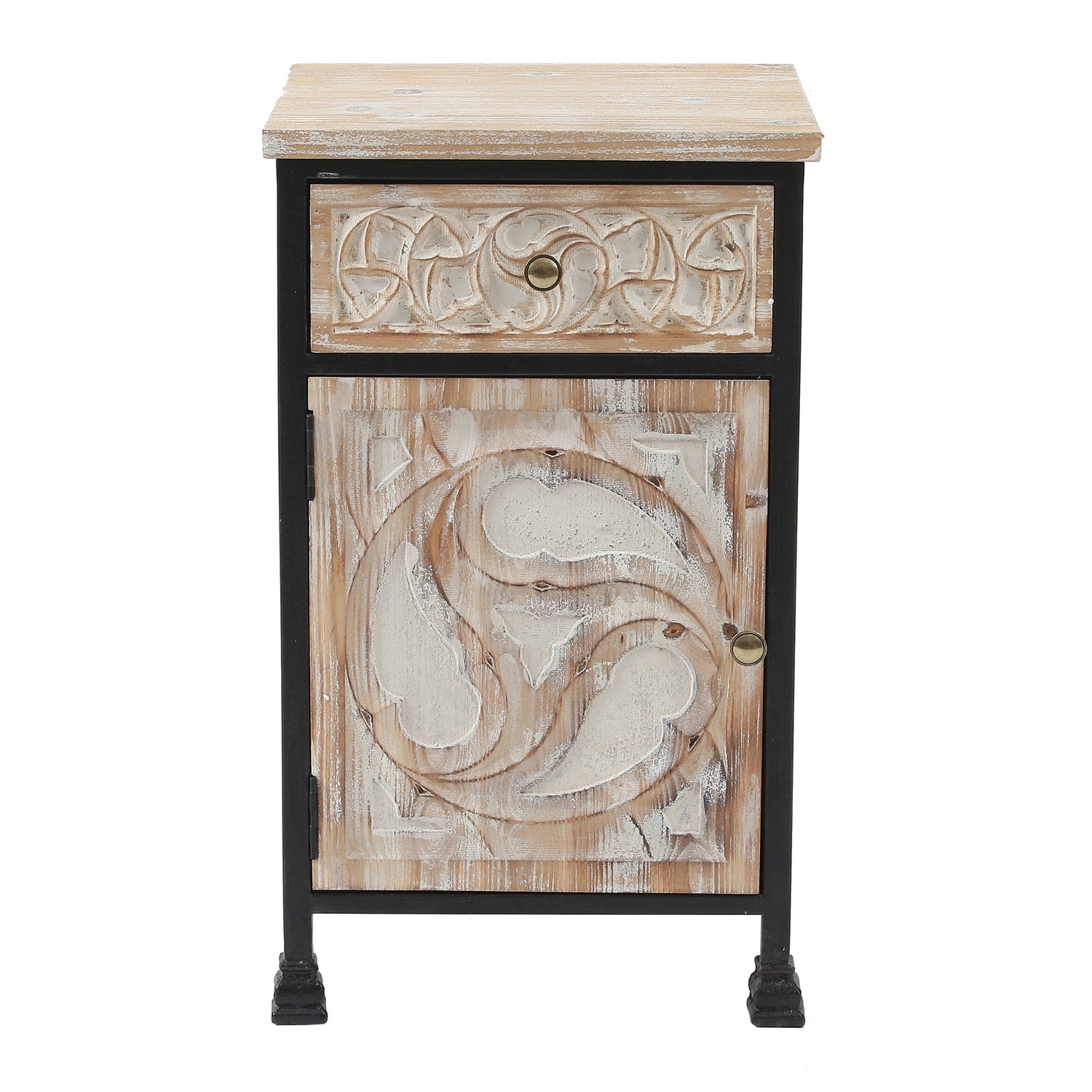 White Fir Wood and Black Iron Bohemian Nightstand with Storage