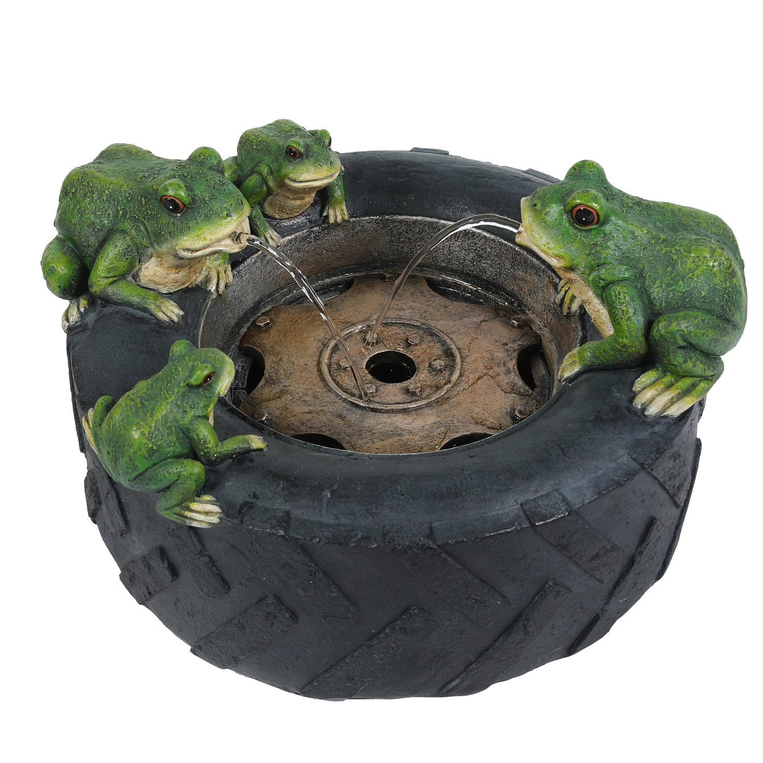 LuxenHome Black Resin Old Tire Frog Friends Outdoor Fountain, Floor Stacked Water Fountain for Patio Garden Backyard Courtyard 16 Inch, Green/Black