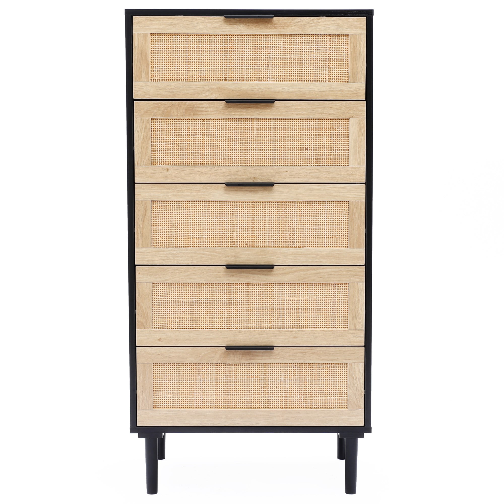 Mid-Century Black and Rattan 5-Drawer Vertical Chest