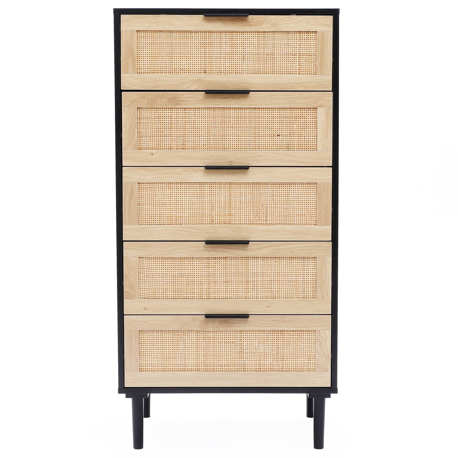 Mid-Century Black and Rattan 5-Drawer Vertical Chest