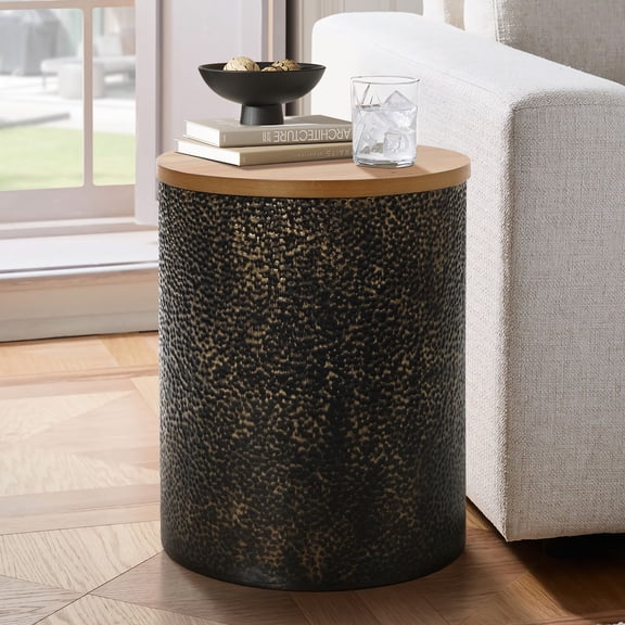 LuxenHome 20.3" Round Side Table, Iron End Table with Wood Top, Black and Gold Hammered, Small Side Table for Living Room, Bedroom, Couch