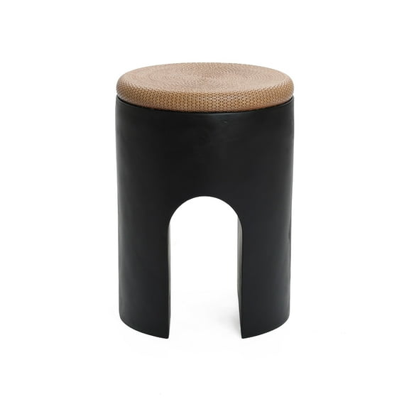 LuxenHome Outdoor Accent Side Table, 18'' Black with Natural Rattan Finish Cement Patio End Table, U-Shaped Base Plant Stand for Patio Backyard, Outdoor Furniture for Lawn Balcony Porch