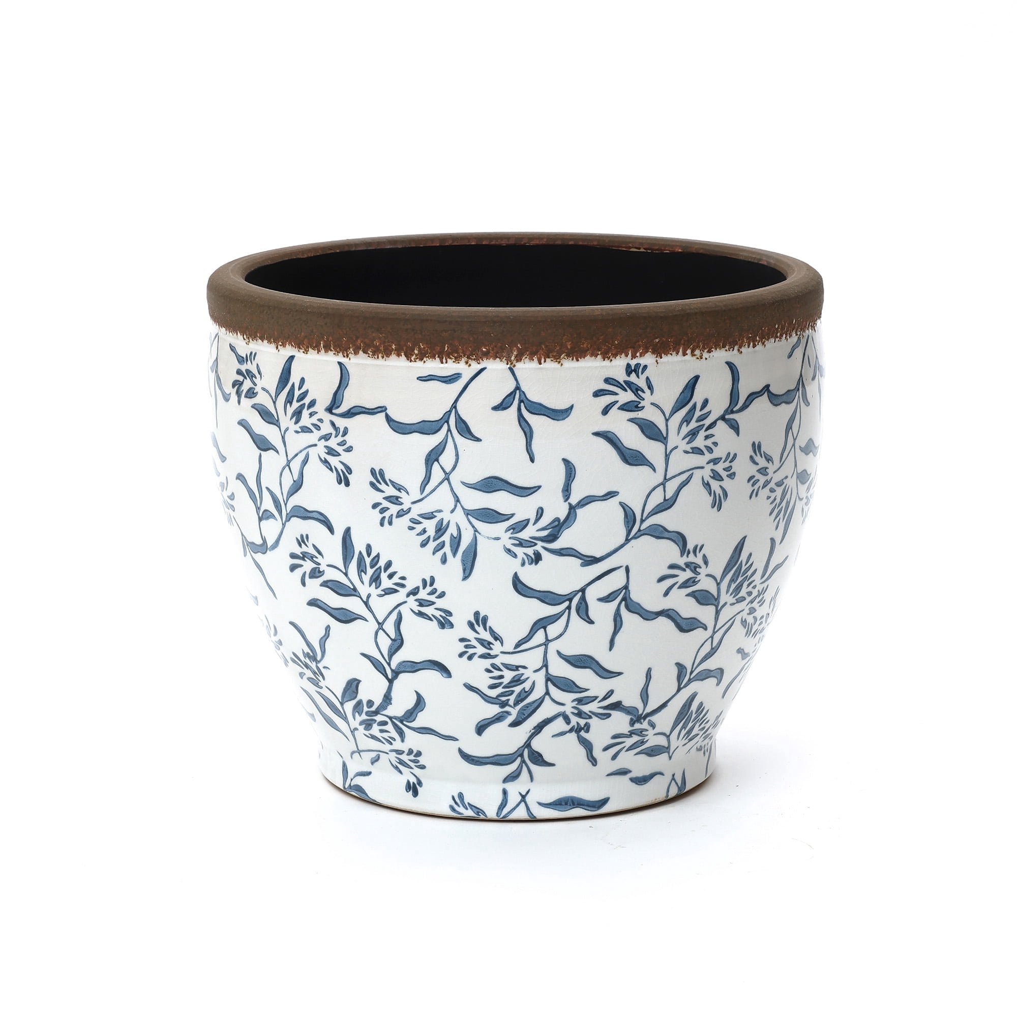 LuxenHome Blue Floral Ceramic Planter, 12.2" Round, Indoor & Outdoor Garden Pot