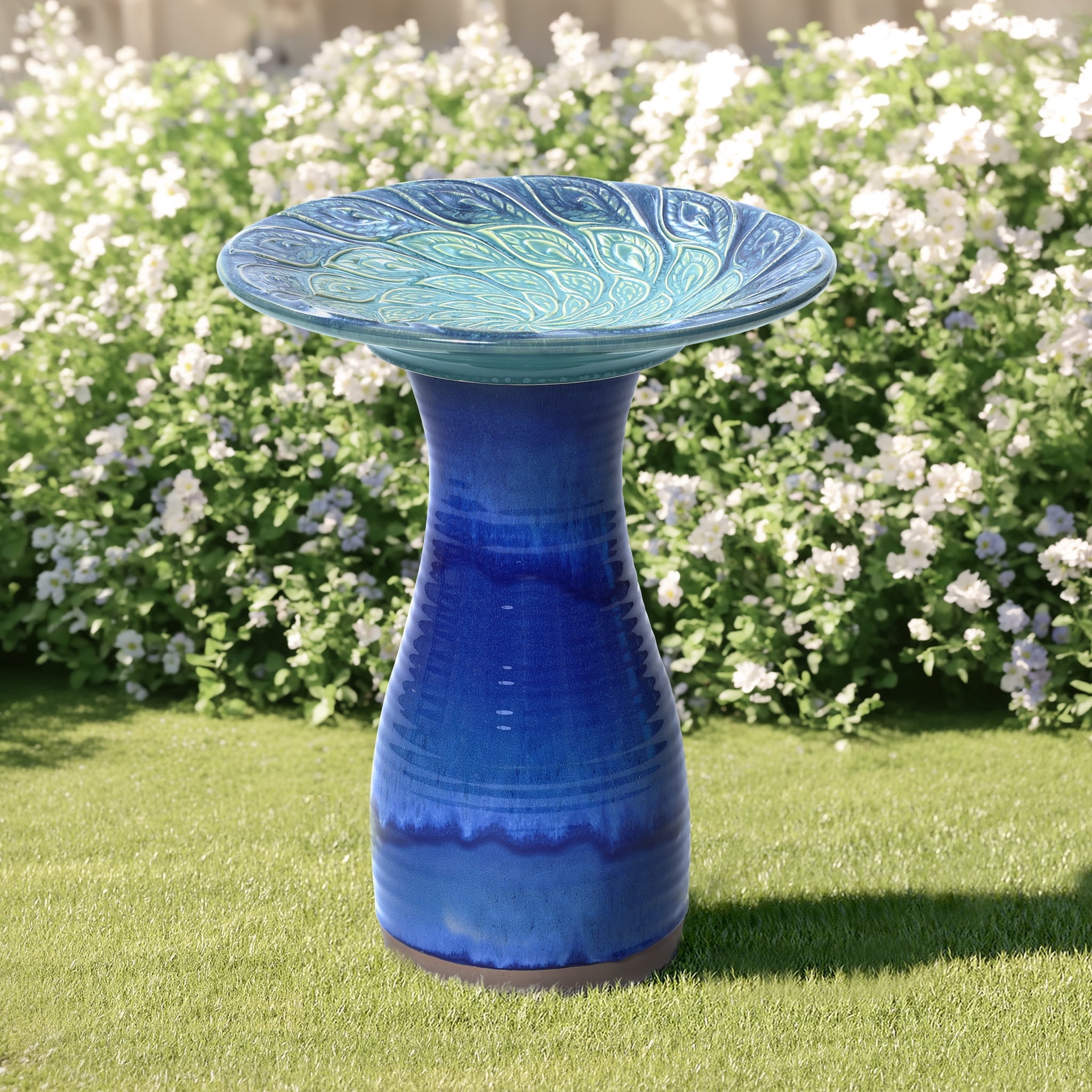 LuxenHome 20 Inch Ceramic Bird Bath for Outside, Elegant Tall Outdoor Bird Bath with Leaf Pattern