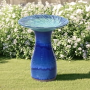 LuxenHome 20 Inch Ceramic Bird Bath for Outside, Elegant Tall Outdoor Bird Bath with Leaf Pattern