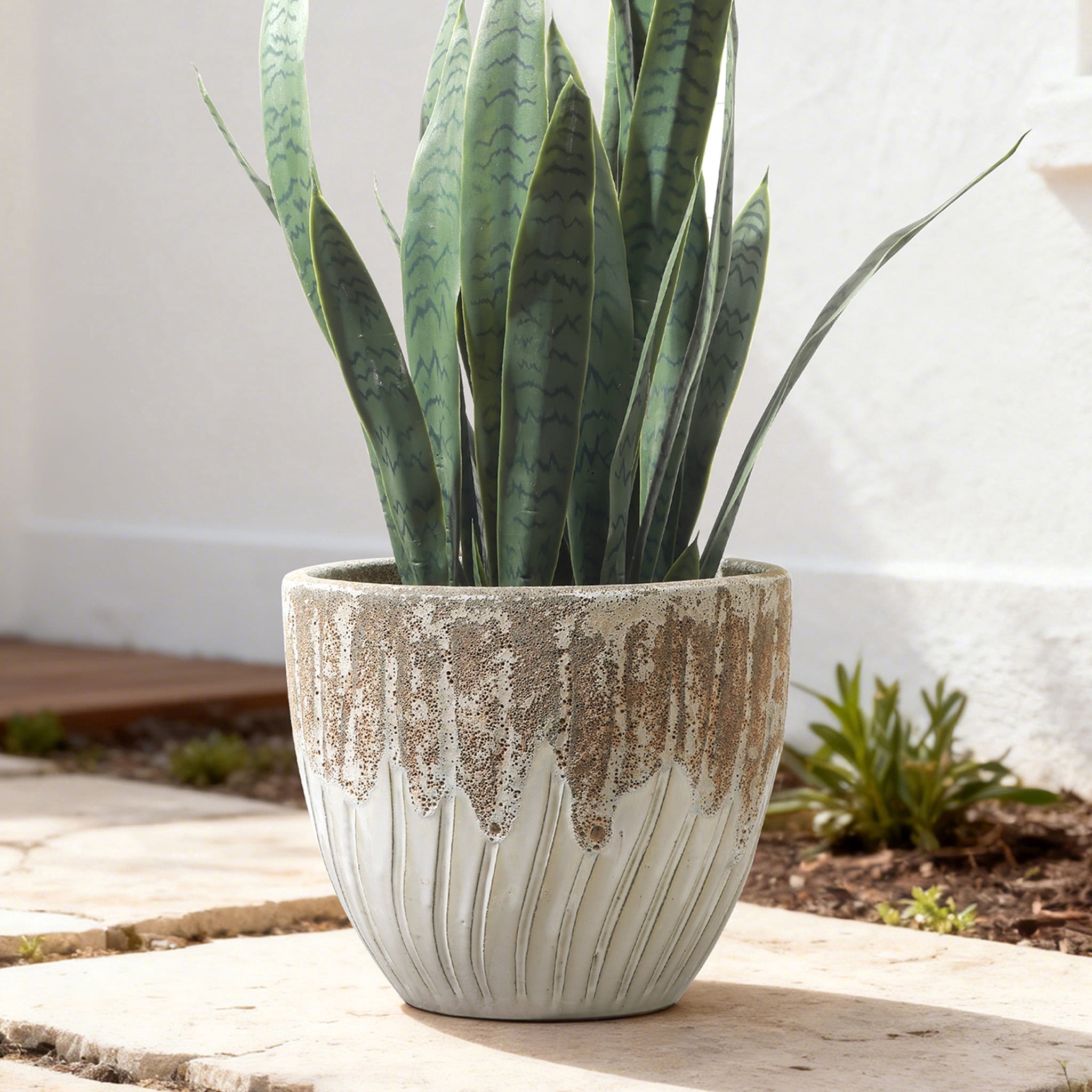 LuxenHome 14" Dia Two Tone Ivory Large Round Plant Pots, Modern Indoor Outdoor Ceramic Planter for Living Room, Garden, Patio