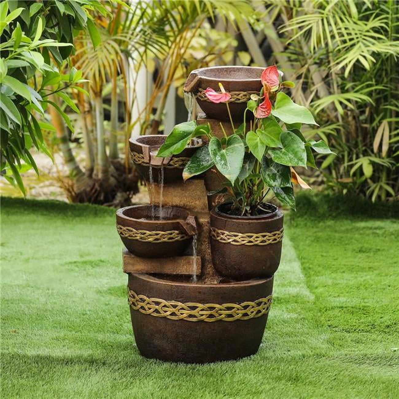 LuxenHome Brown Resin Tiered Pots Patio Fountain