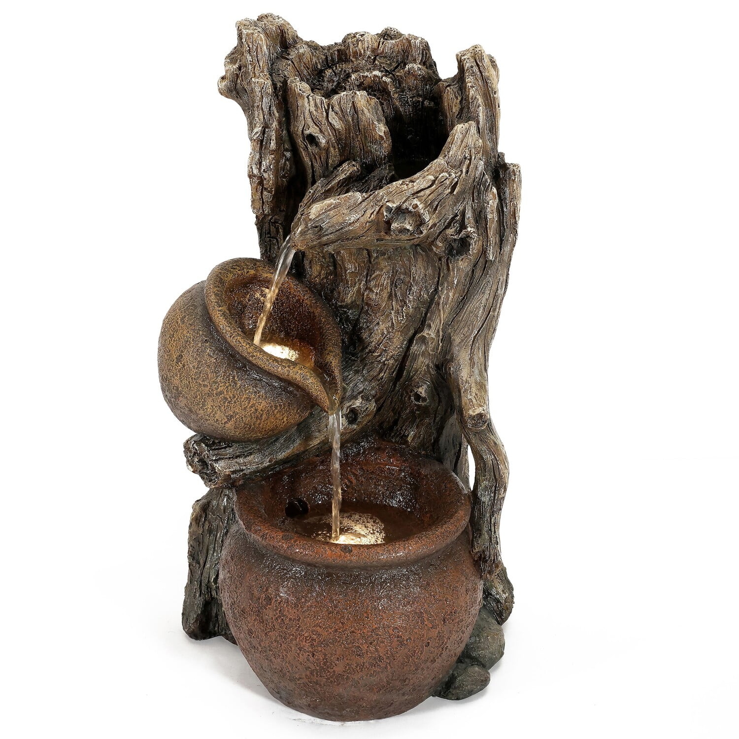 Rustic Brown Resin Tree Trunk and Pots Outdoor Fountain with LED Lights