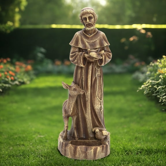 LuxenHome Saint Francis Garden Statue, 25'' Fiber Stone Brown Religious Garden Sculpture, Catholic St. Francis Statue for Patio, Yard, Home, Outdoor Sculptures Decorations