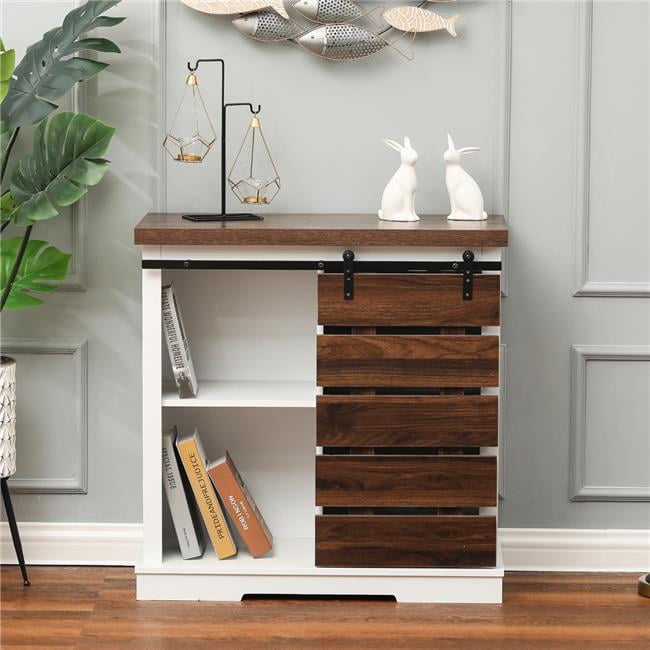 White and Dark Brown Wood Sliding Door Storage Cabinet